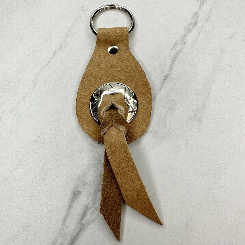 Soft Brown Leather Fringe Western Concho Boho Keychain Keyring